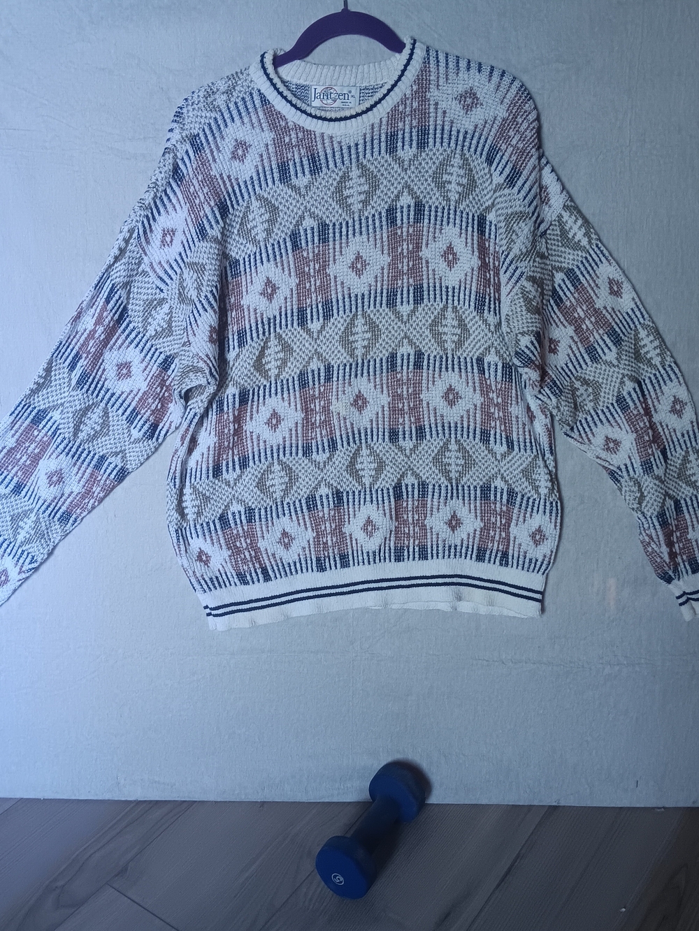 Jantzen Vintage Cream Crewneck Sweater with Brown and Green Accents